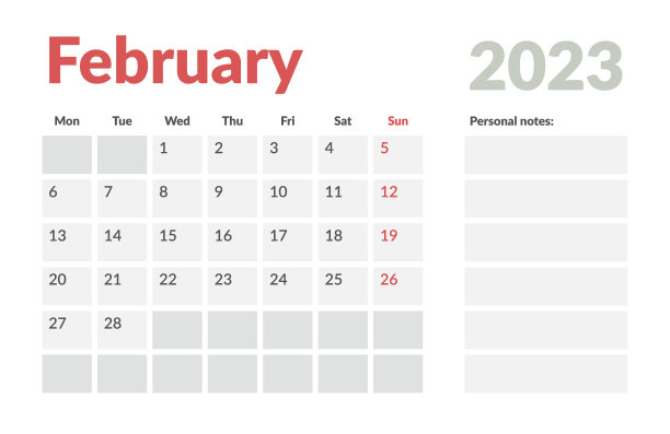 2023年2月日历模板，留有注释的地方。矢量布局简单日历与周开始星期一。图片下载