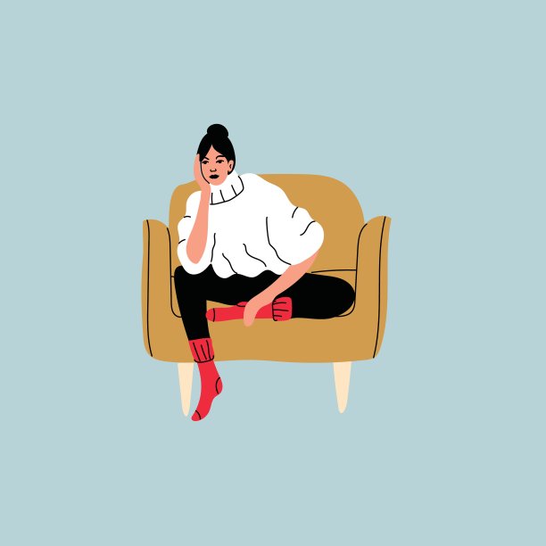 年轻的时尚女性或女孩坐在家里的椅子或沙发上。女性角色拜访朋友，下班后放松，模特们摆出各种姿势坐着。卡通手绘插图图片下载