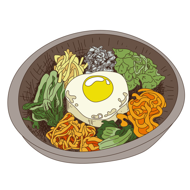 手绘韩国菜拌饭插图。矢量插图的拌饭食谱。拌饭是用煎蛋、鱿鱼、虾、黄瓜、豆芽和海带做成的韩国传统食物。亚洲食品。图片下载