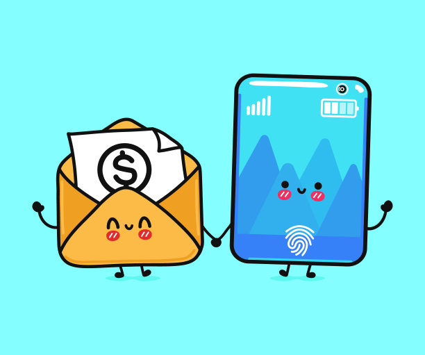 可爱，有趣的快乐智能手机和带美元符号的字母。矢量手绘卡通卡哇伊人物，插图图标。有趣的卡通智能手机和短信吉祥物人物概念图片下载