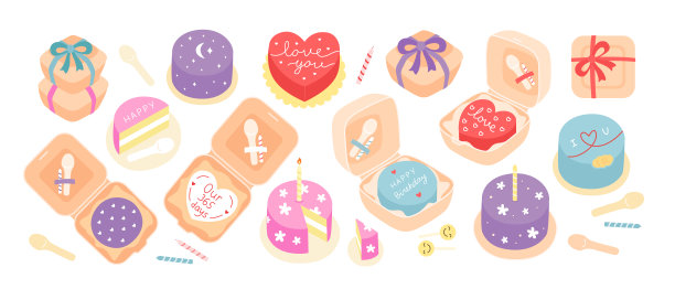 大套餐甜点便当蛋糕在一个包装与庆祝蜡烛和勺子。矢量插图孤立在白色背景上图片下载