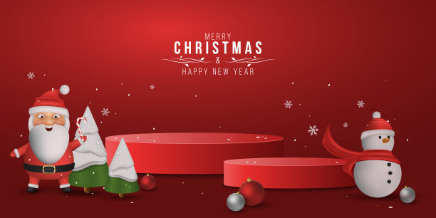 圣诞卡通讲台，展示您的产品。情感圣诞老人和雪人装饰雪杉树。新年3d场景设计。假日模型。向量图片下载