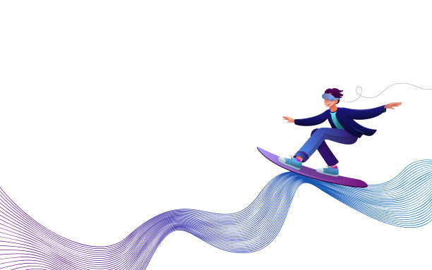 横幅的主题是虚拟现实。戴着虚拟现实眼镜的人在网络空间的冲浪板上游泳。图片下载