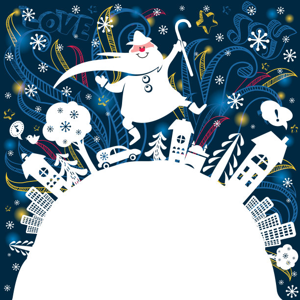 圣诞贺卡上有圣诞老人、城市、树木和励志文字。节日矢量插图。保持冷静，吼吼吼!图片下载