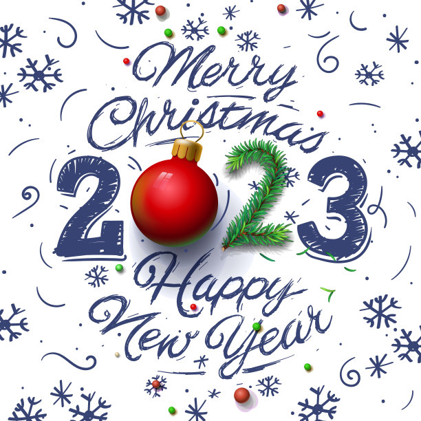 2023年圣诞快乐。手绘装饰数字和文字，在白色背景上涂鸦雪花图片下载