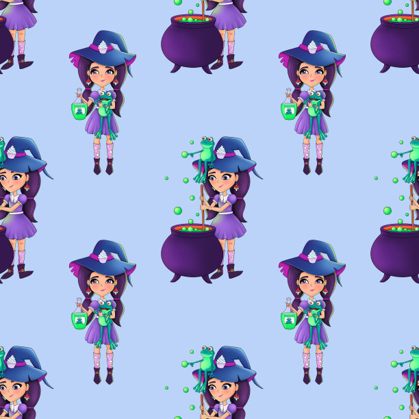Бесшовный паттерн девочка ведьма. Веселый Хэллоуин图片下载
