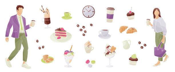 男人和女人带着咖啡杯和咖啡和甜点的元素图片下载