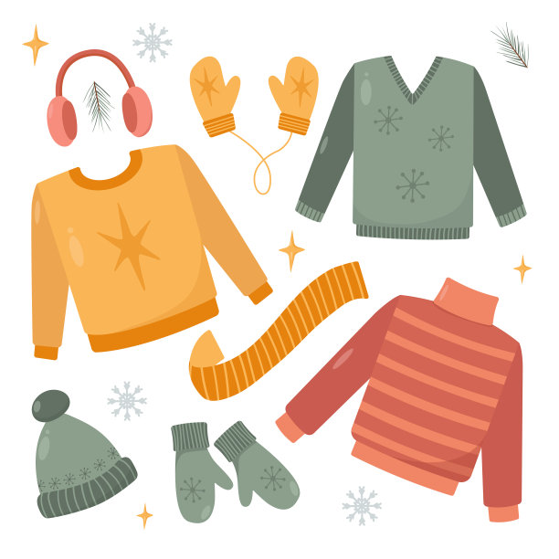 可爱的冬季保暖针织服装套装。针织时尚服装帽子和围巾，手套，圣诞风格的毛衣。矢量插图孤立的白色背景在卡通平面风格图片下载