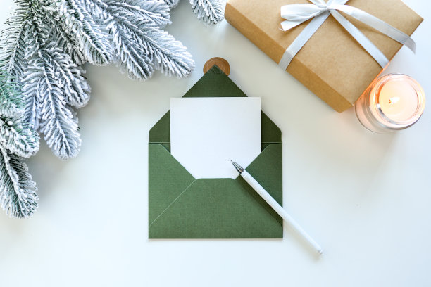 圣诞贺卡平铺。现代贺卡模拟构图与圣诞装饰的白色背景。空的明信片模板，为文本留出空间。圣诞快乐，节日快乐!图片下载