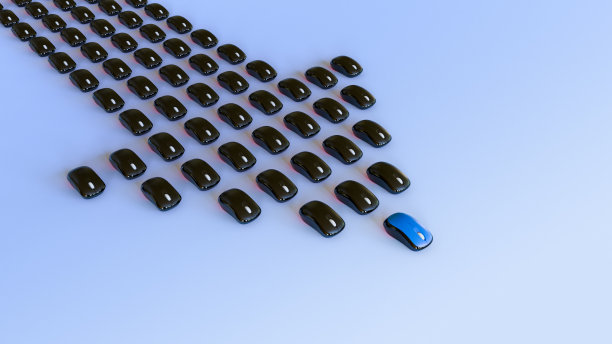 3D电脑鼠标排列像箭头概念隔离在蓝色背景上图片下载