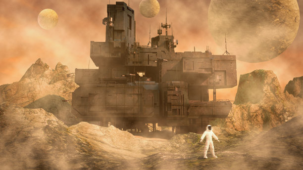 探索另一个星球的未来先进研究实验室。科幻场景图片下载