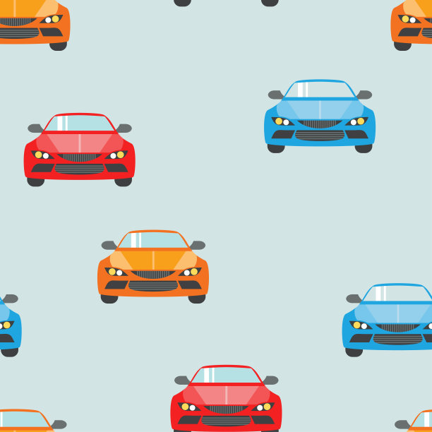汽车无缝花纹。矢量背景与汽车在红色，蓝色和橙色。简单的平面插图。图片下载