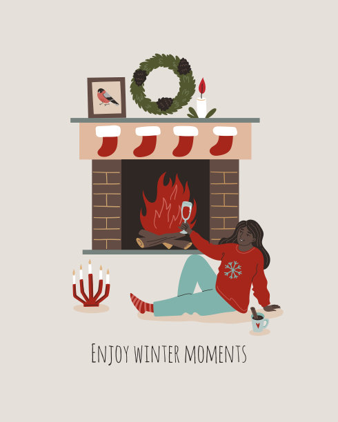 卡通圣诞舒适的室内壁炉，花环，蜡烛。庆祝黑人非洲裔女性。冬季插画与新年的概念图片下载
