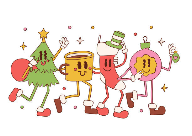 圣诞复古收集30年代卡通吉祥物人物。圣诞树、袜子、马克杯和小玩意儿。五六十年代的老动画脸型。老式的groovy漫画圣诞快乐矢量插图。图片下载