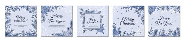 一套圣诞和新年快乐的蓝色贺卡。节日背景与手绘冬季植物。草图风格的复古设计。文本空间图片下载