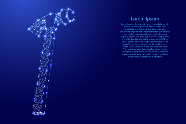 锤子，用来钉钉子的工具，从未来的多边形蓝色线和发光的星星横幅，海报，贺卡。低聚概念。矢量插图。图片下载