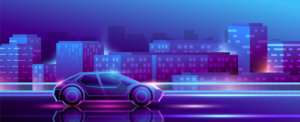 未来主义闪亮的汽车在夜晚明亮的城市背景上的夜间轨道。图片下载