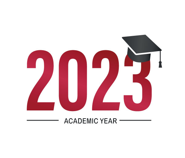 2023届毕业生。教育学年。毕业晚会设计，高中或大学毕业生，模板。矢量插图。图片下载