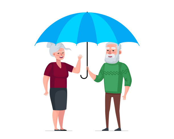 老夫妇在蓝色保护伞下。老年人生命健康保险符号概念。祖父母安全保健。照顾爷爷和奶奶。老年人eps插图图片下载