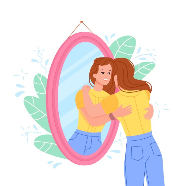 拥抱镜子中的自己。女性模特拥抱自己的倒影，尊重接受自己的身体和灵魂，自豪的概念青少年爱积极的动力带我支持，矢量插图图片下载