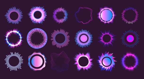 径向声波。圆声波形圆均衡器，多色粒子脉冲数字信号电子频谱频率音乐节奏巧妙矢量插图图片下载
