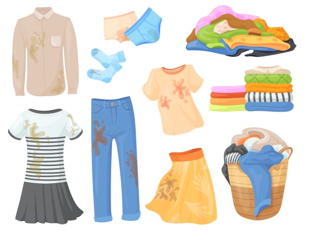 脏的和干净的衣服。衣服上有污迹，叠不整齐的衣服堆洗棉衣洗衣内衣毛巾干净衬衫旧牛仔裤裤子，整齐矢量插图图片下载