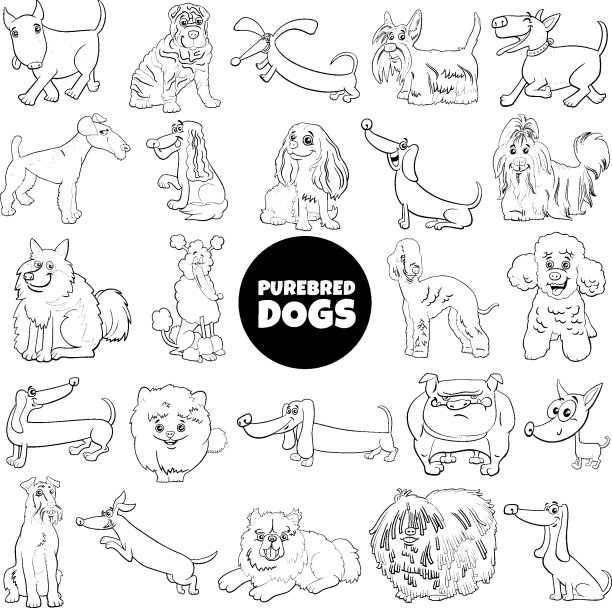 黑白卡通纯种狗和小狗人物设定图片下载