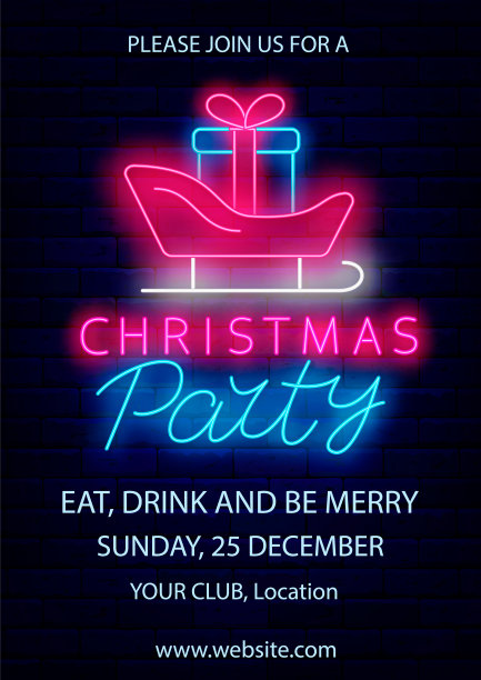 圣诞派对霓虹灯横幅上的字母。垂直的海报。圣诞老人带着礼物雪橇。矢量图图片下载