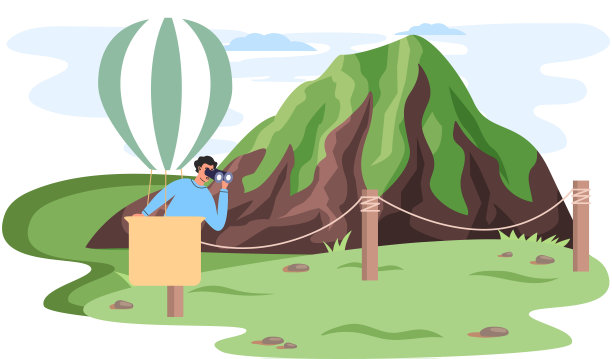 旅游海报上的人坐在热气球里，透过双目望远镜俯视山顶图片下载