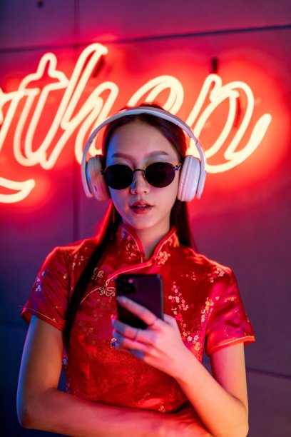 肖像照片的美丽年轻的亚洲女性模特可爱的样子，戴着太阳镜，耳机和红色传统中国旗袍，在橙粉色霓虹灯前听音乐使用她的手机智能手机图片下载