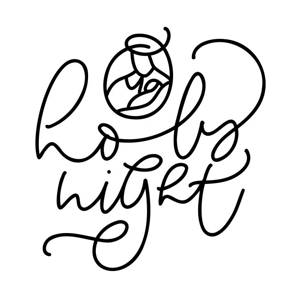 圣夜线书法文字和圣诞矢量场景婴儿耶稣的诞生与约瑟夫。极简艺术线条画，服装印花及标志设计图片下载