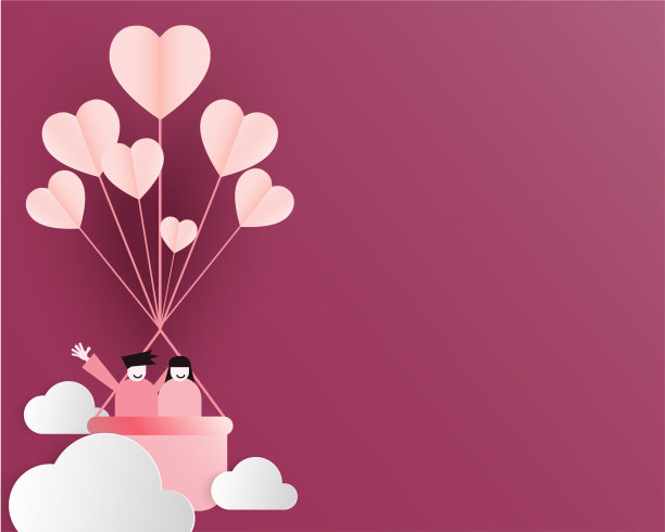 年轻爱情人节卡片粉色调，心形气球带云，剪纸风格，矢量插画图片下载
