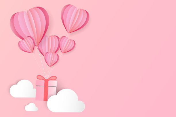 心的气球和礼盒在云之间，情人节的背景，爱情的旗帜。剪纸风格，矢量插画图片下载