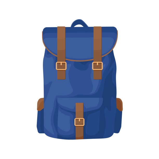 蓝色复古背包带徒步卡通矢量插图。复古户外旅游包。图片下载