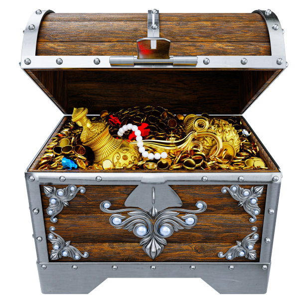 古老的黄金宝藏装在复古的宝箱里。海盗用木头做的宝藏。用银钢装饰。金牌和金罐。白色背景与裁剪路径3d渲染图片下载