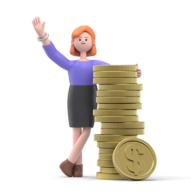 3D插图微笑的欧洲女商人艾伦-金币。白色背景的3D渲染。图片下载