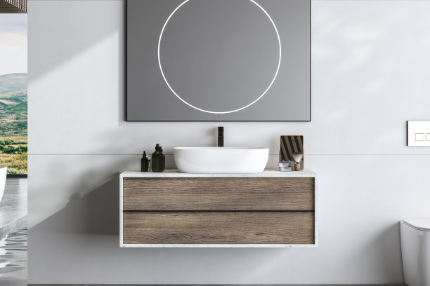 封闭的浴室家具，白色的水槽，配件，挂在白色的墙上。方形镜子挂在墙上、厕所上。代表化妆品、复制空间、室内植物。三维渲染图片下载