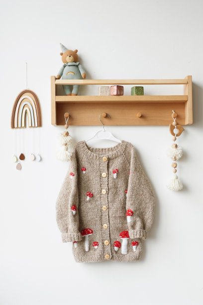 婴儿针织衣服。手工针织毛衣与蝇木耳蘑菇。刺绣夹克图片下载