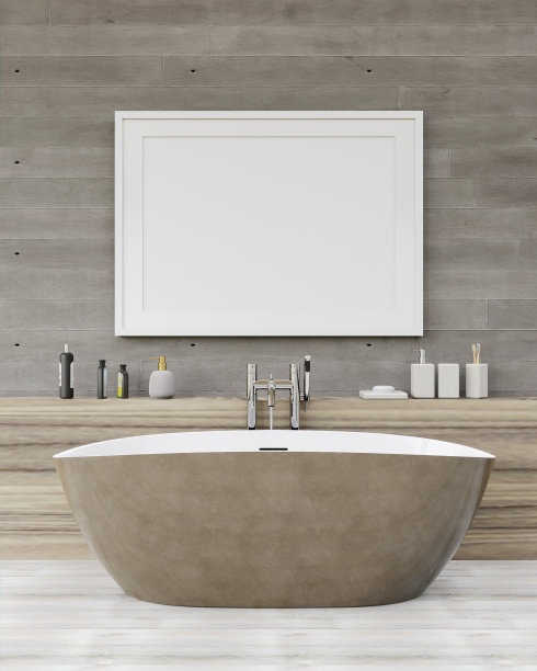 3D现代室内浴室与模型海报框架图片下载