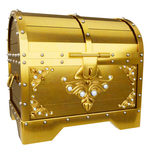 金制的宝箱。由木头和金属制成的古色古香的箱子，漆成金色。古董挂锁锁着宝箱。在一个白色背景与裁剪路径。三维渲染图片下载