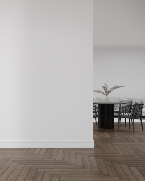 空白墙配以餐桌和椅子。图片下载