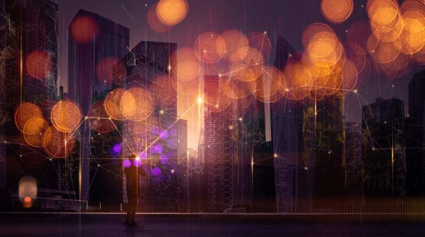 商人使用手机和智能城市与互联网网络的未来技术。数字技术，互联网网络连接，未来创新技术。图片下载