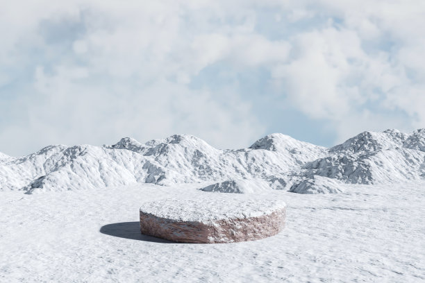 三维渲染冬季场景和自然平台背景，雪原上的石头平台与冰雪山和云，用于产品展示广告化妆品，美容产品，护肤品等图片下载