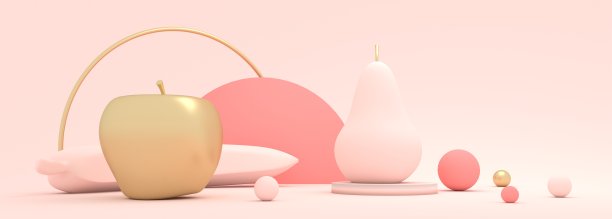 水果收集和抽象几何形状。苹果，香蕉和梨。三维渲染图片下载