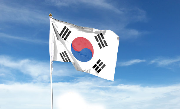 乌云密布的天空中飘扬着韩国国旗。在天空中挥手图片下载