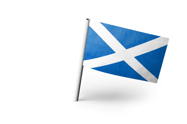 别上苏格兰国旗。白色背景。图片下载