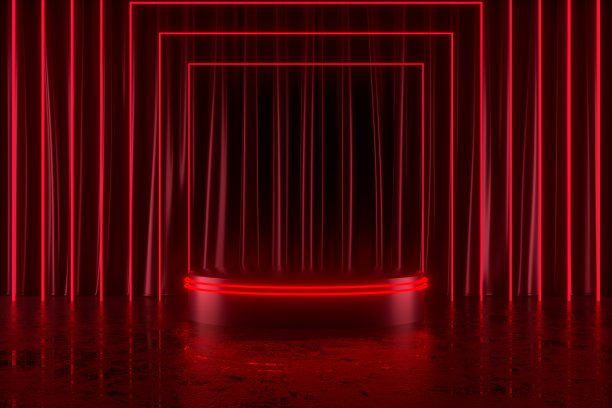 空讲台红色霓虹灯发光窗帘展览背景圣诞新年概念图片下载