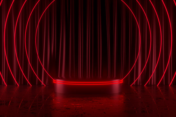 空讲台红色霓虹灯发光窗帘展览背景圣诞新年概念图片下载