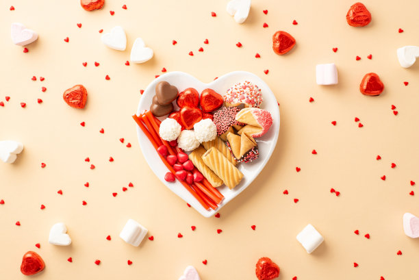情人节的概念。俯视图照片心形碟子与糖果饼干巧克力果冻糖果和彩色纸屑在孤立的米色背景图片下载