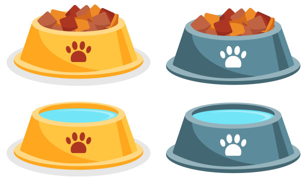 狗干粮碗。骨薯片。黄色和灰色的宠物碗，里面有干粮。干狗粮碗。向量。图片下载